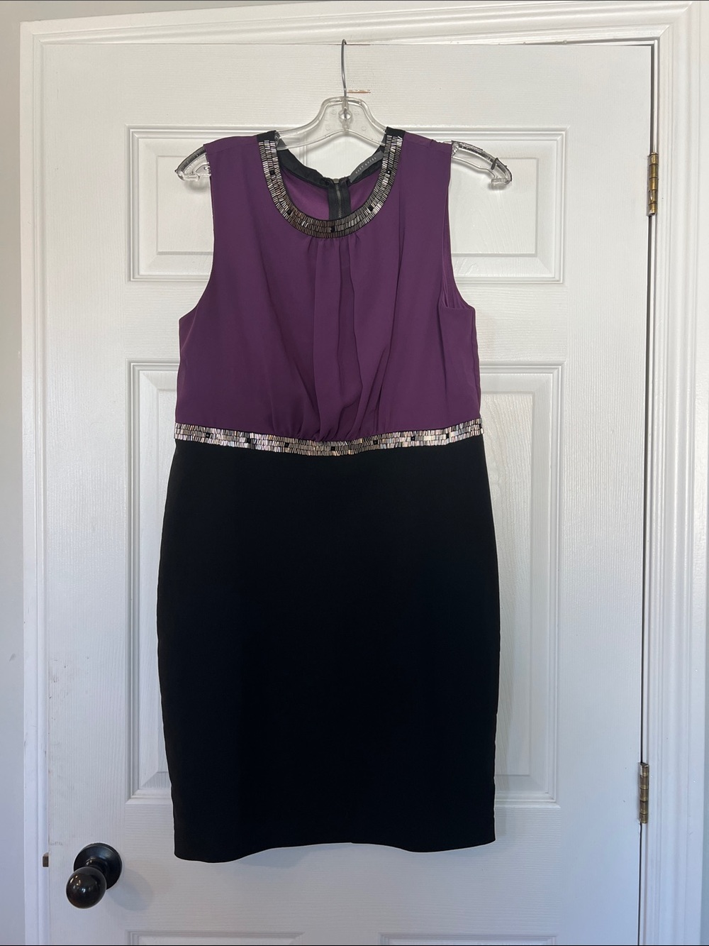 Suzy Shier Purple and Black Sleeveless Sheath Dress with Metallic Accents